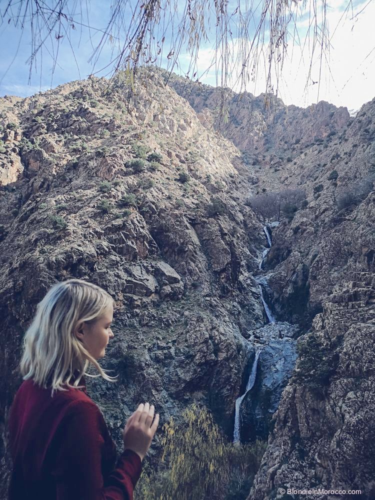 waterfalls, girl, blondie, mountain, morocco